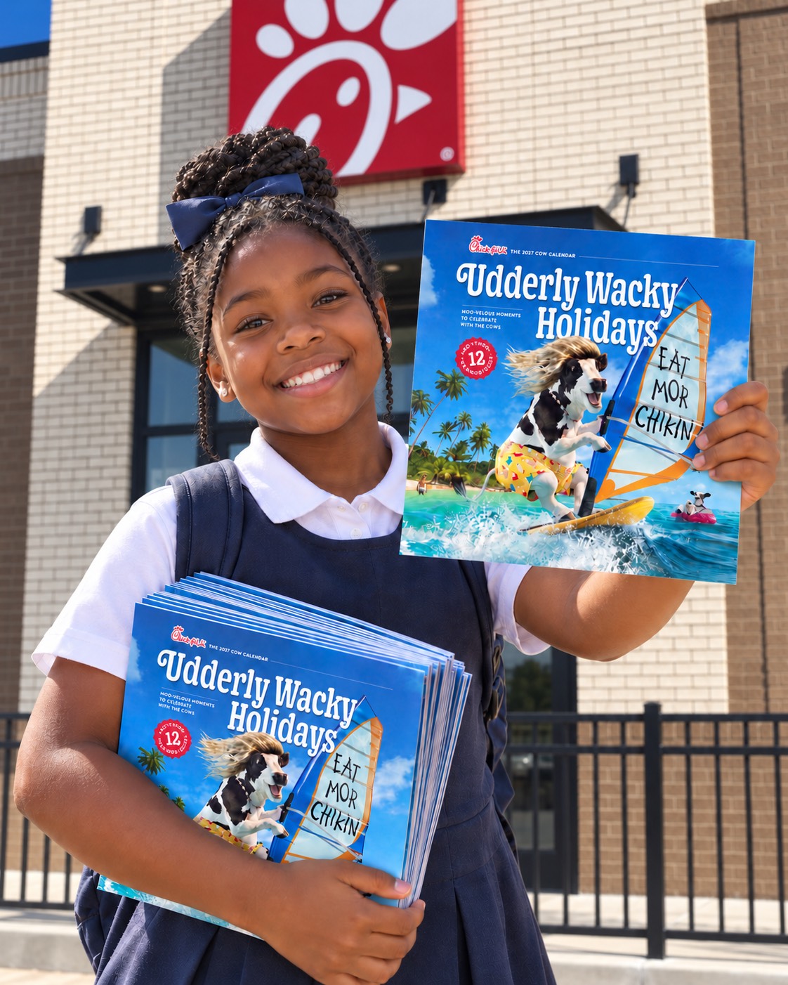 A student in school uniform standing outside Chick-fil-A, smiling and holding up a 2027 Cow Calendar while carrying a stack of them under her arm.